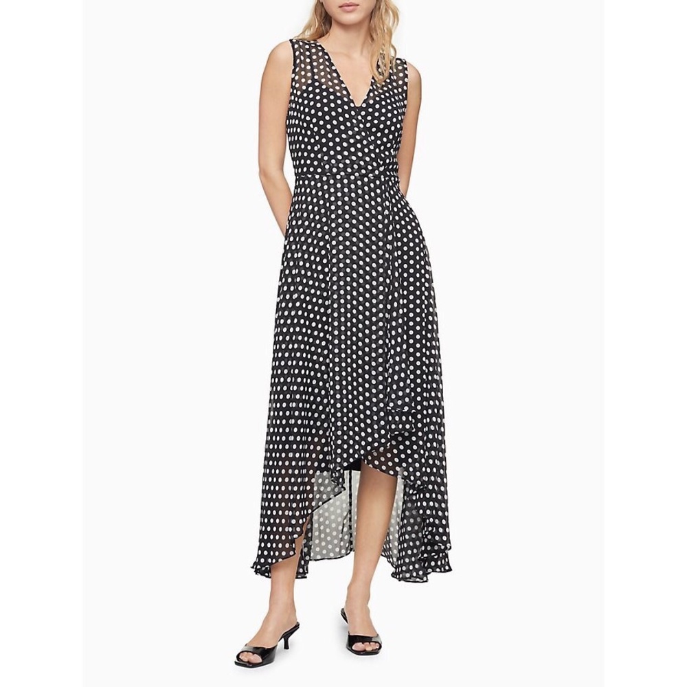 NWT Dot V-Neck Sleeveless Wrap High-Low Maxi Dress